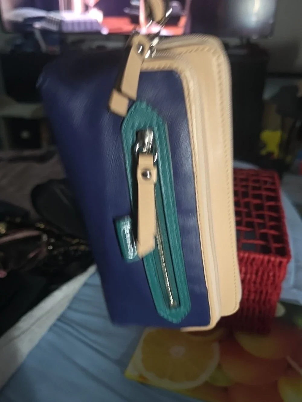 Coach Navy and Beige Leather Wristlet with Green Trim